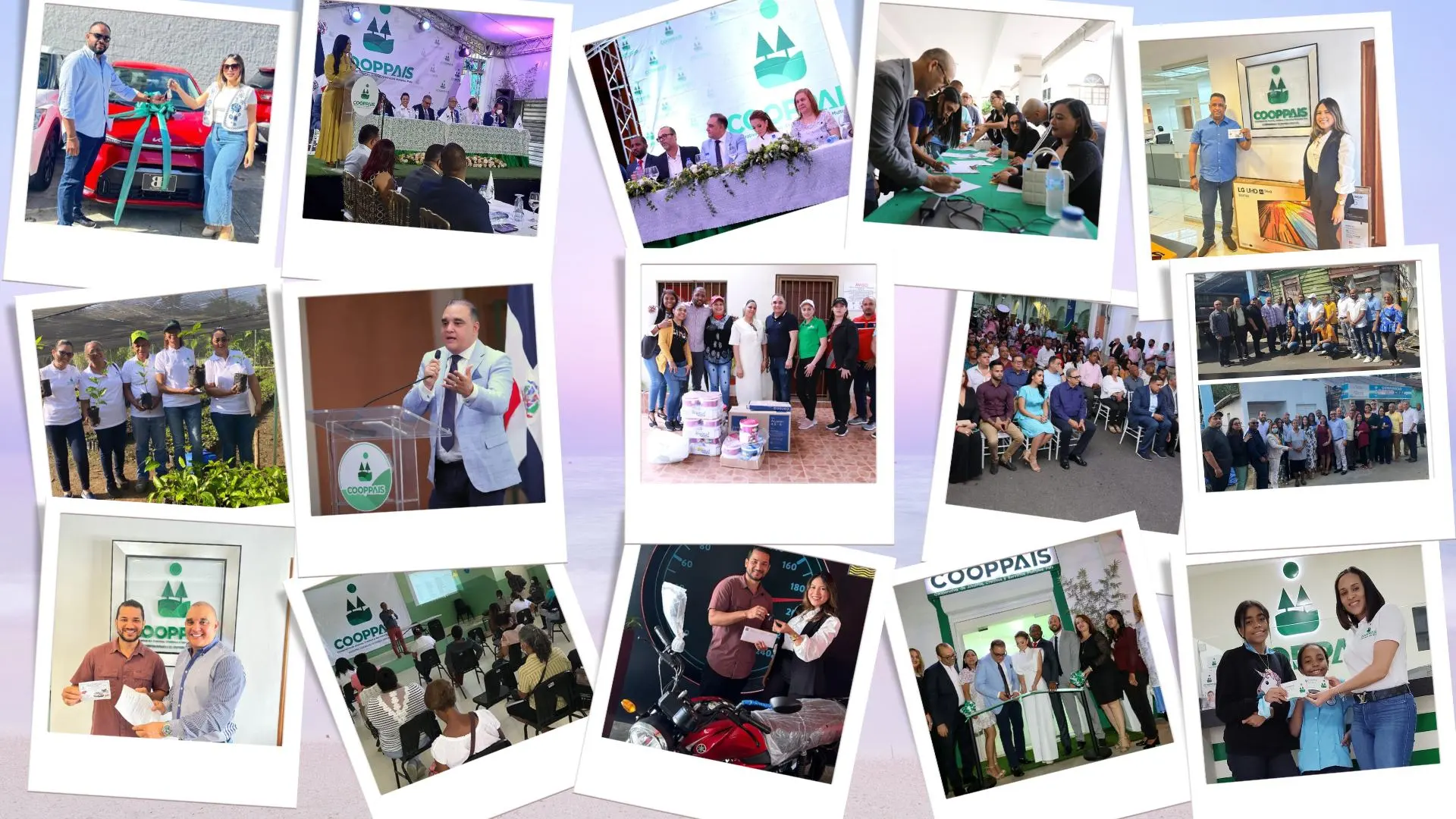 collage de diversas actividades incluyendo entregas de premios de coopais donde se presentan colaboradores y socios